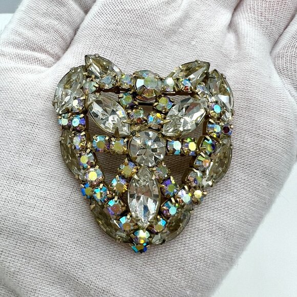 Large Vintage 1950s Heart Shaped Rhinestones Brooch Pin Layered - Picture 10 of 12
